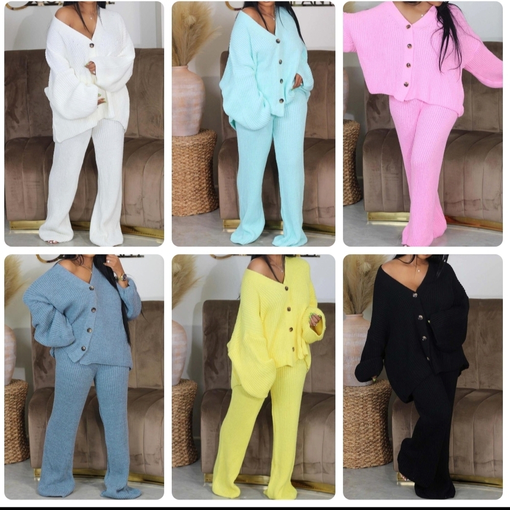 Cozy Knit Button-Up Lounge Set - Multiple Colors
